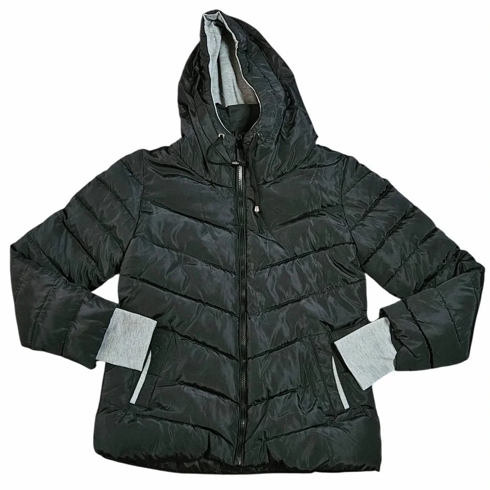 YISIER Women's Black Hooded Puffer Jacket Full Zip Polyester Size L‎